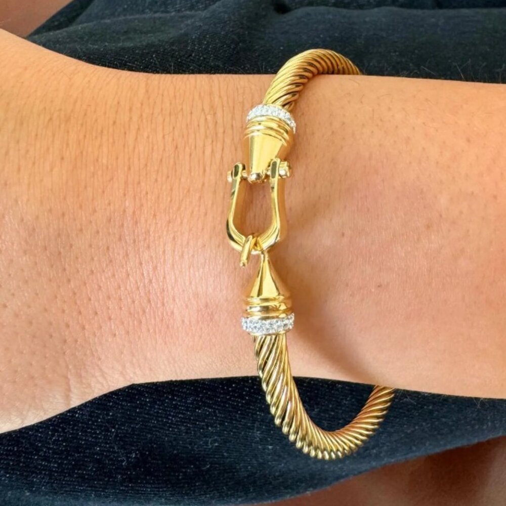 18k Gold Plated Stainless Steel Cable Clasp Bangle With Cubic Zirconia Accent